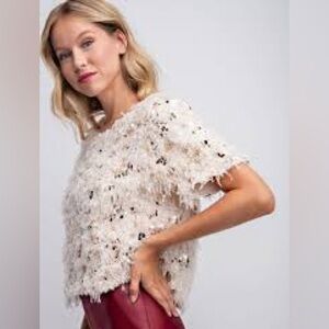 Cocobleu Sequin Embellished Feather Short-Sleeve Party Top -